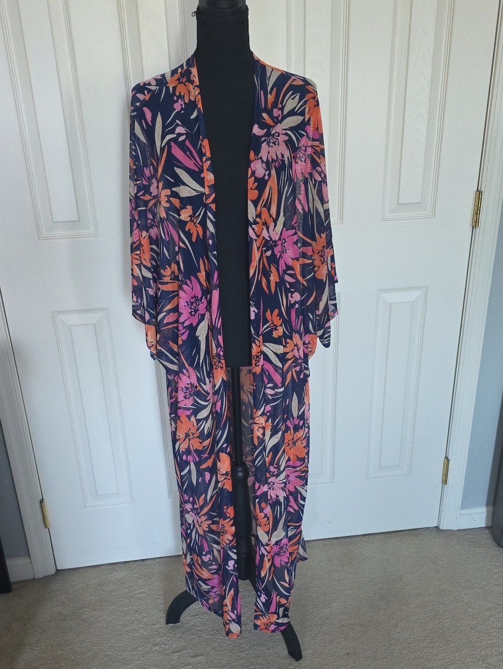 Cyrus Floral Longline Kimono in Navy with Pink & Orange